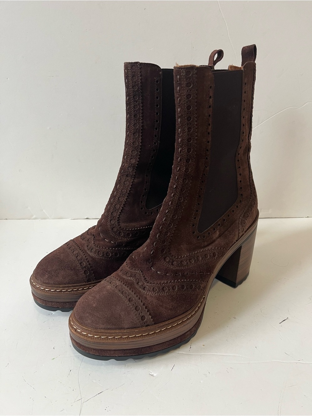 Pons Quintana Brown Suede Brogue Chelsea Boot Large Wooden Platform Heel Size 10